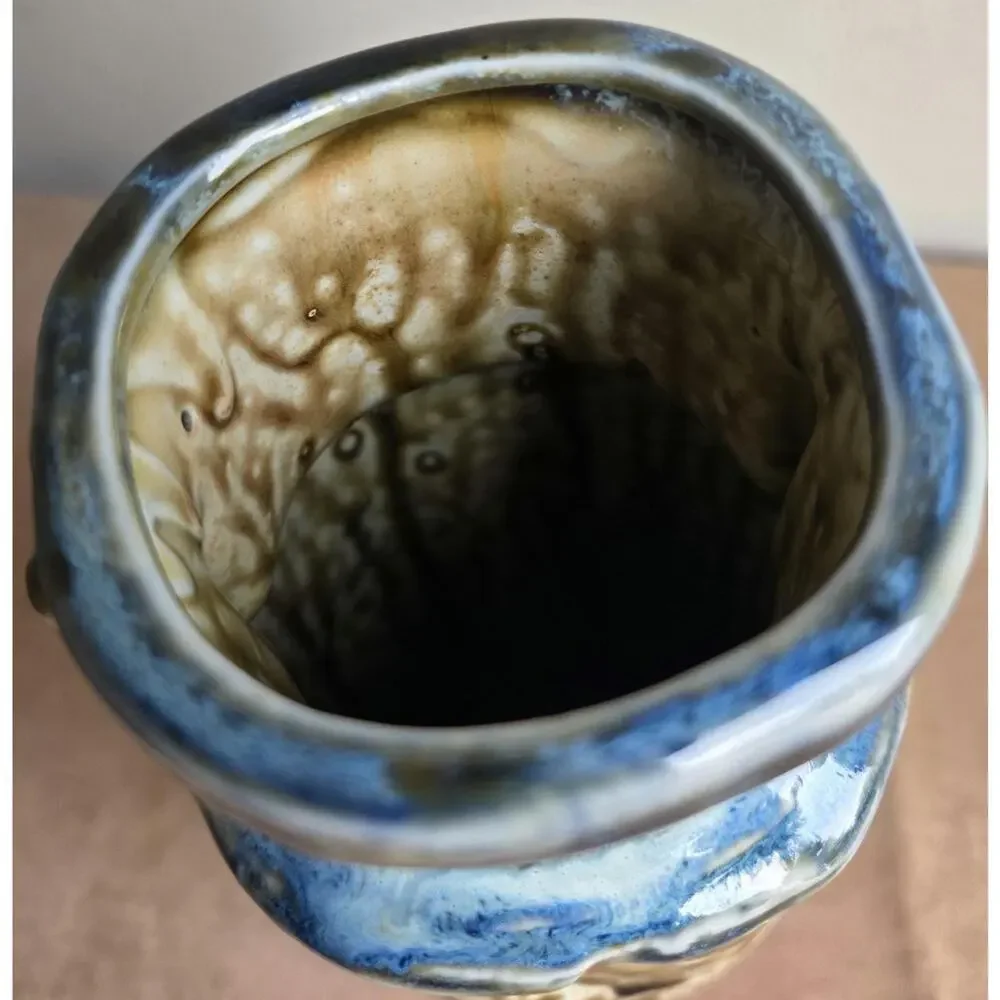 Vintage Japanese Iga Style Ikebana Vase Blue Green Drip Glaze Wabi Sabi Pottery
